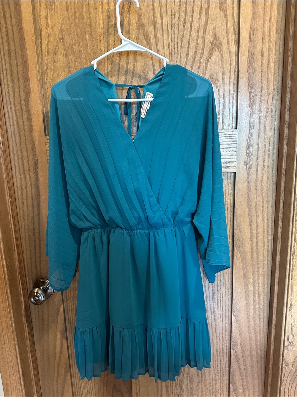 Flying Tomato Teal Blue Pleated V-Neck Mini Dress Long Sleeve AD2005-06 M